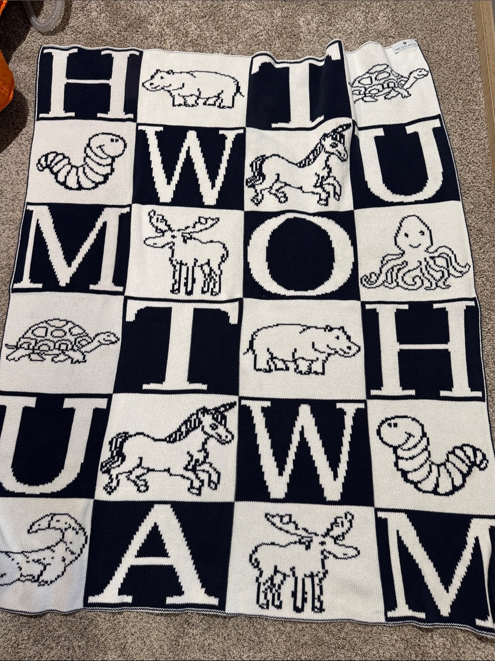 Saks Fifth Avenue Black and White Animal Alphabet Knit Throw Blanket
